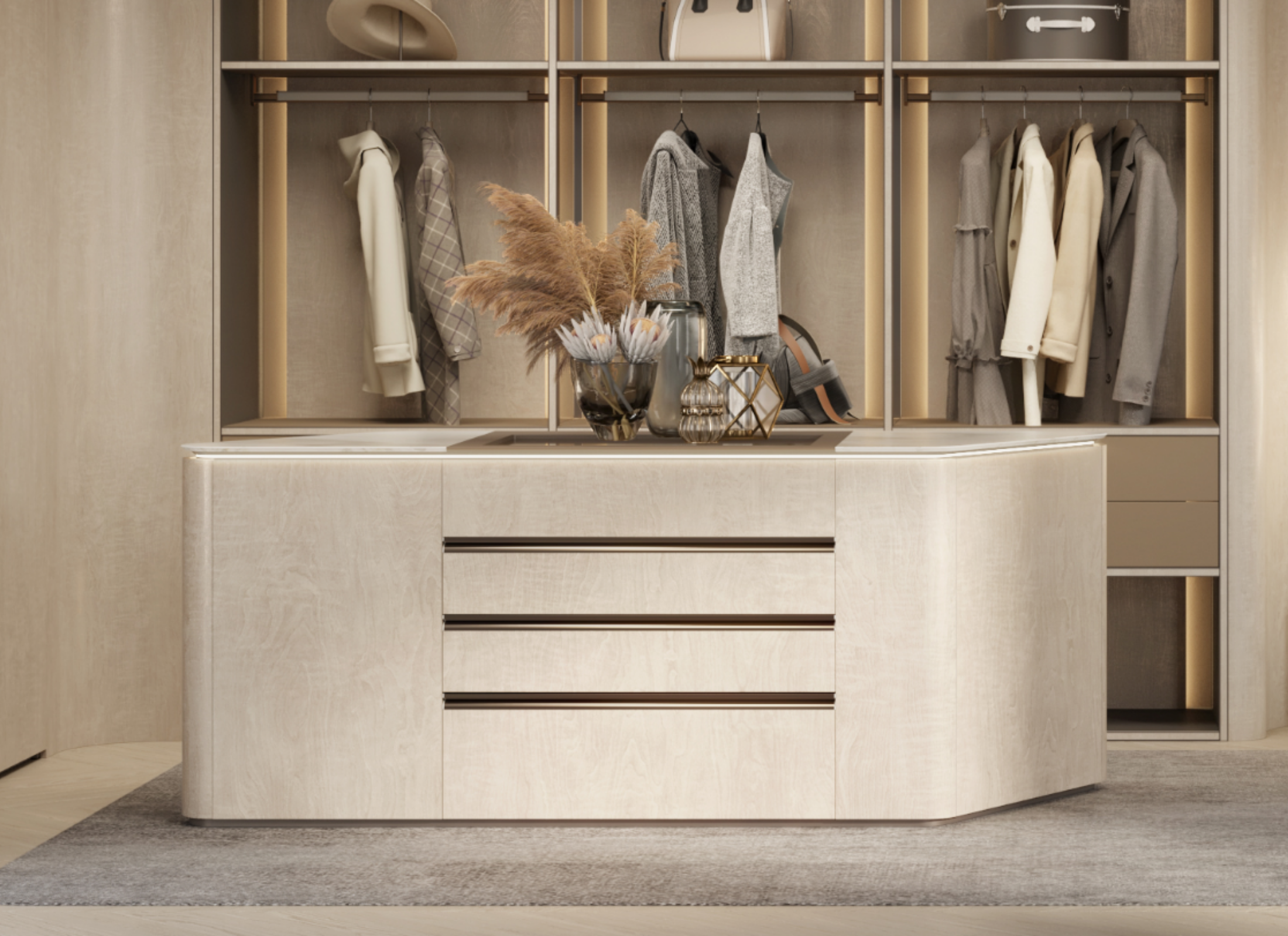 Modern wardrobe with clothes and decorative items in a neutral color scheme.