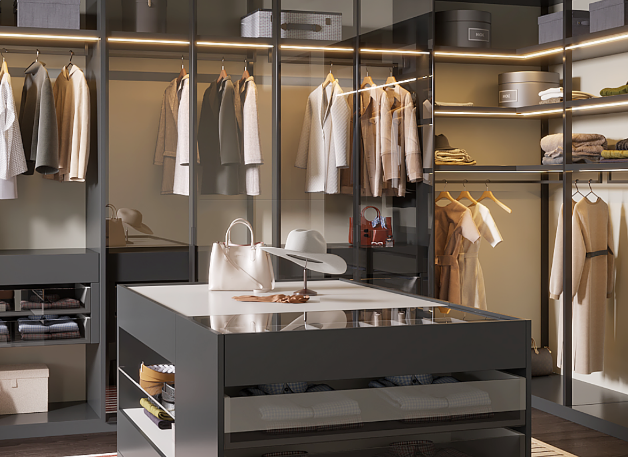 Modern walk-in closet with clothing, bags, and accessories on shelves and a table.