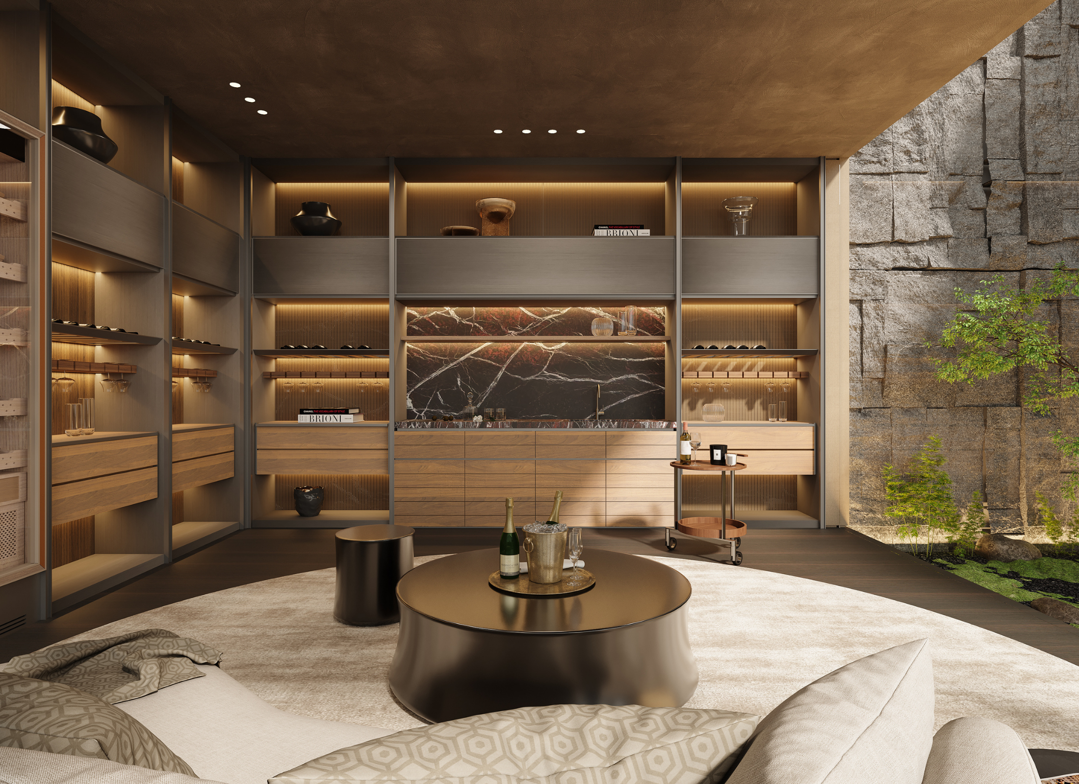 Modern interior design with wooden shelves, a round table, and stone wall.