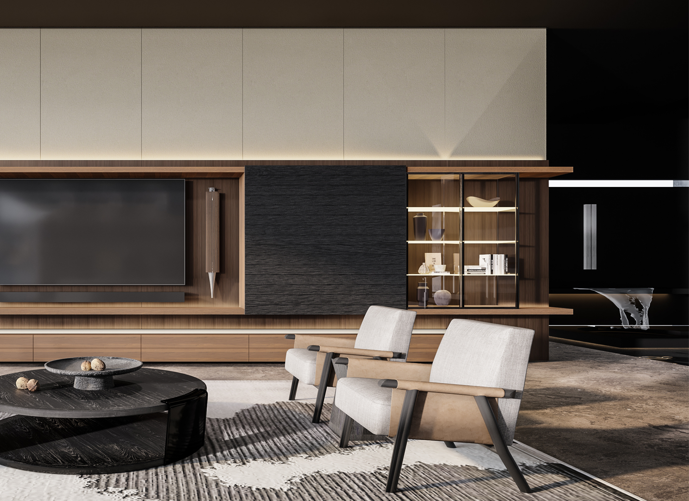 Modern living room with a television, chairs, and decorative items.