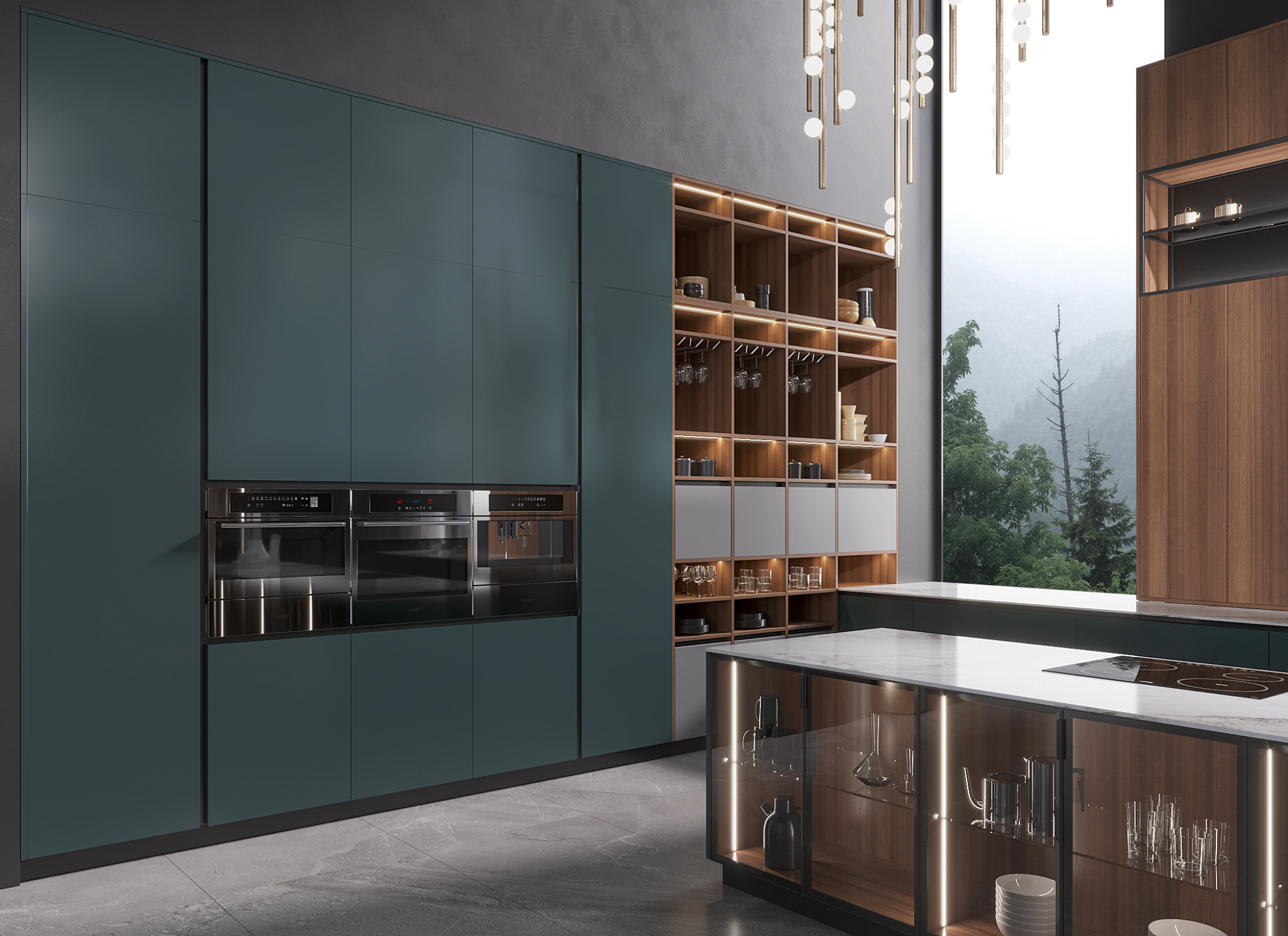 Modern kitchen with teal cabinets, a island, and shelves.