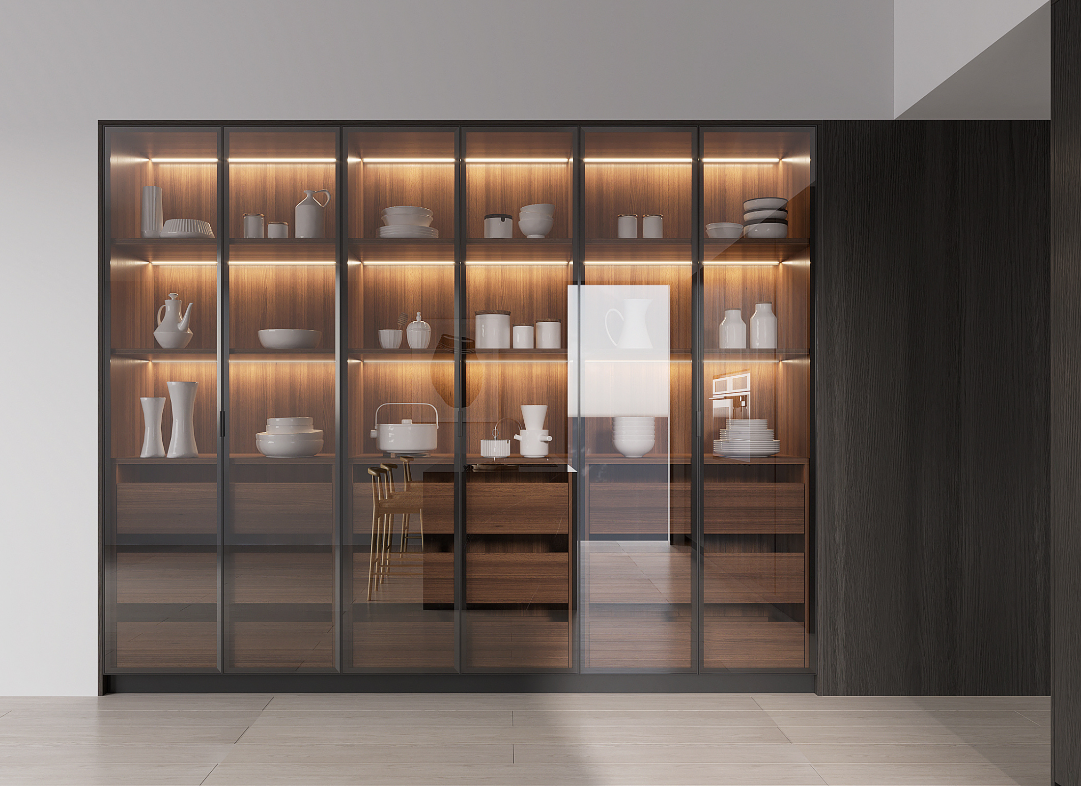 Modern interior with a sliding glass door revealing a dining area.