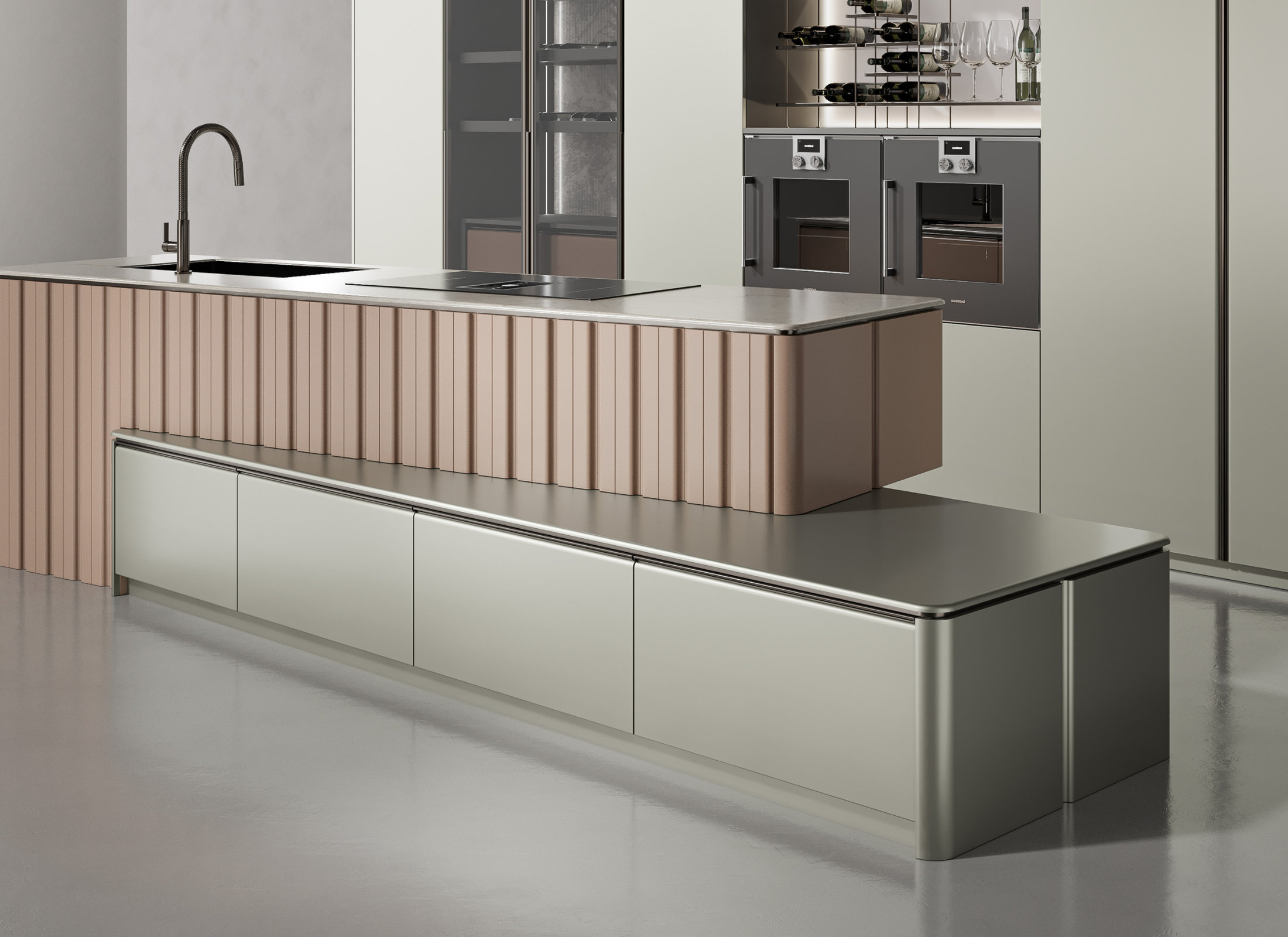 Modern kitchen with a long island and sleek cabinetry.