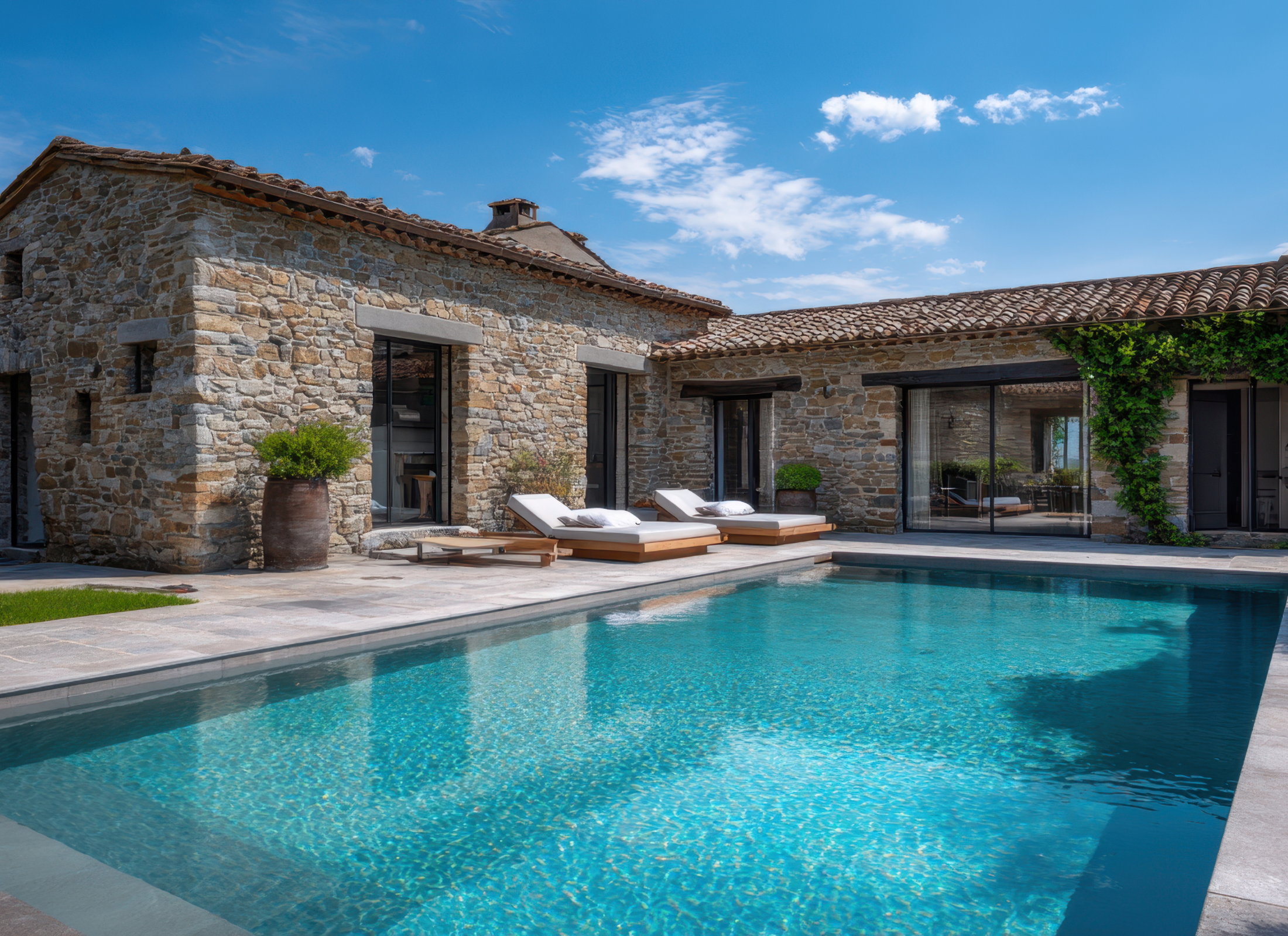 Stone villa with a pool and outdoor seating area on a sunny day.