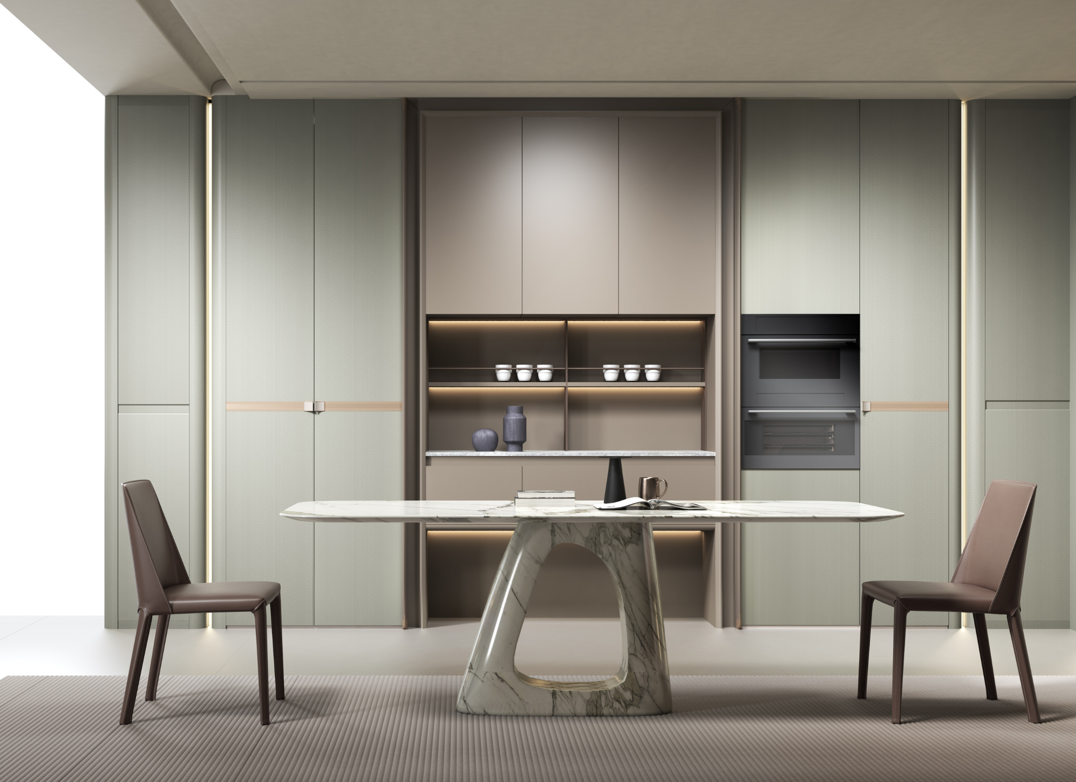 Modern kitchen with a marble table and chairs against a neutral wall.