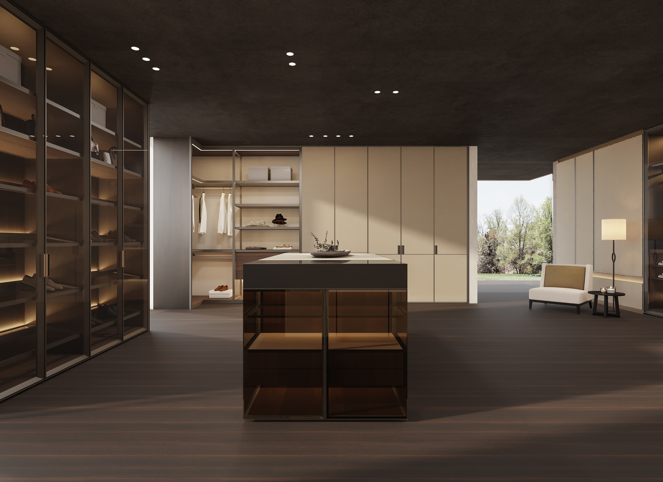 Modern kitchen with dark wood island and shelves in a dimly lit room.