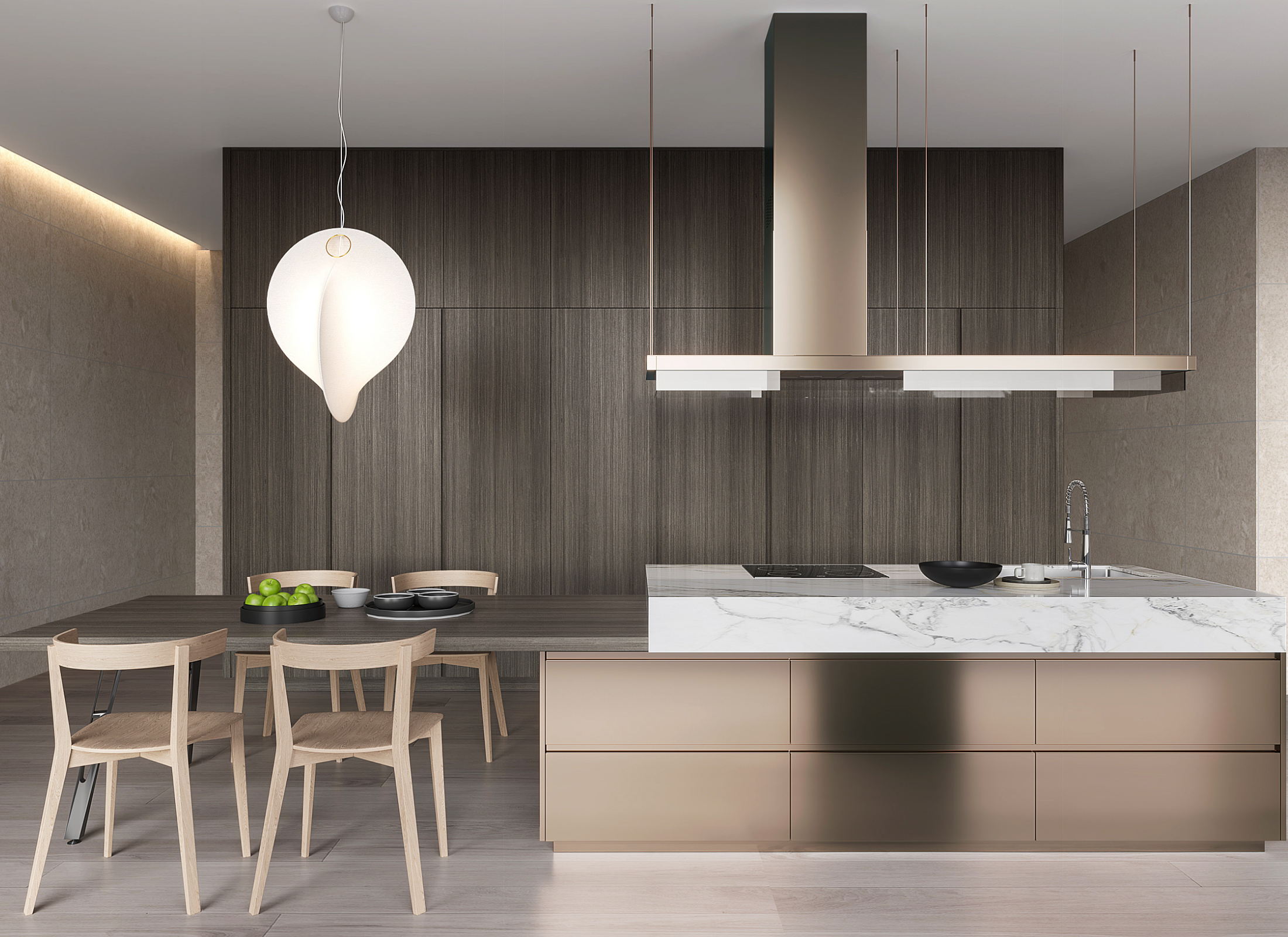 Modern kitchen with wooden cabinets, marble island, and pendant light.