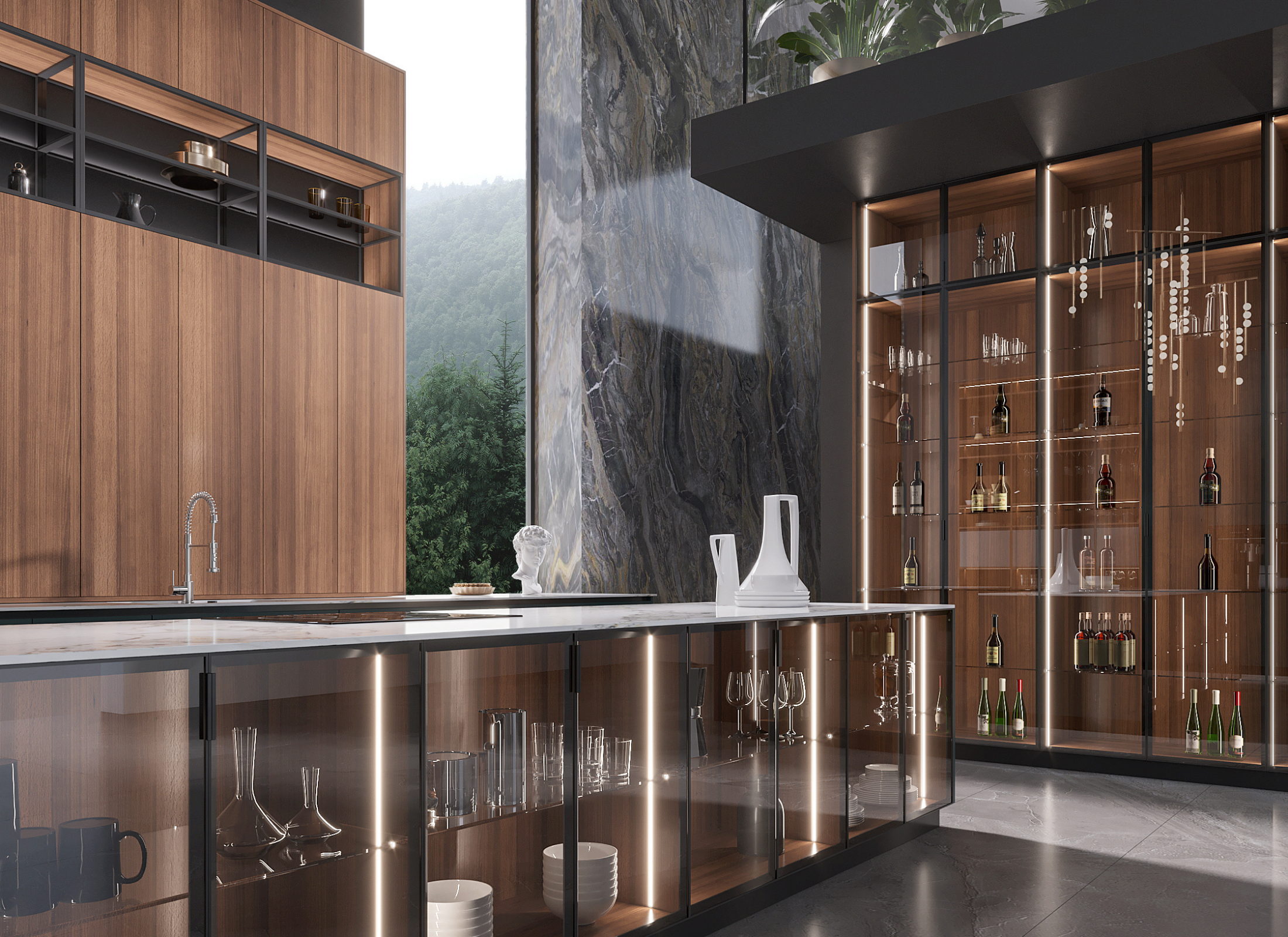 Modern kitchen with wooden cabinets, marble wall, and glass shelves.