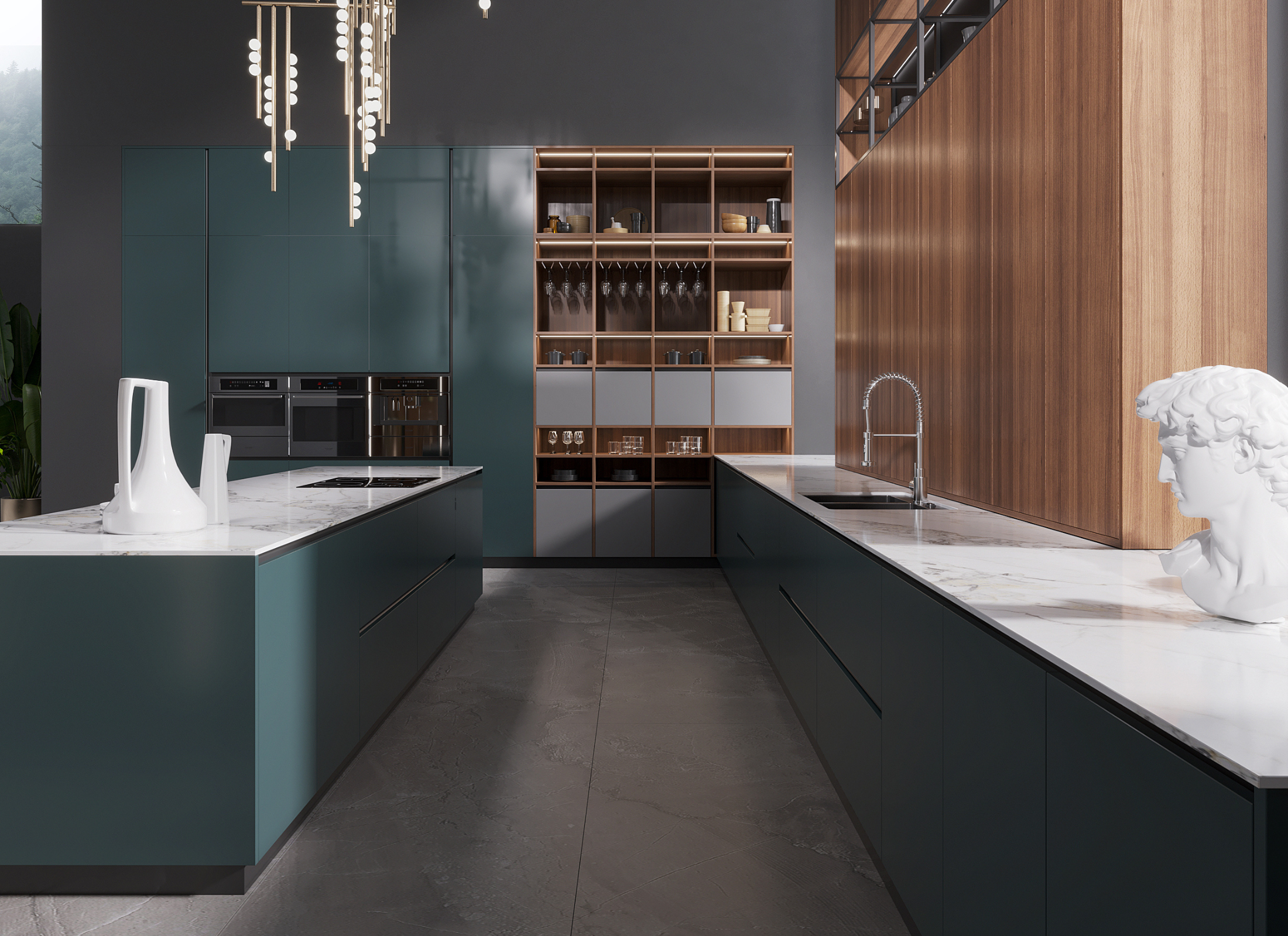 Modern kitchen with dark green cabinets, white countertops, and wooden wall panels.