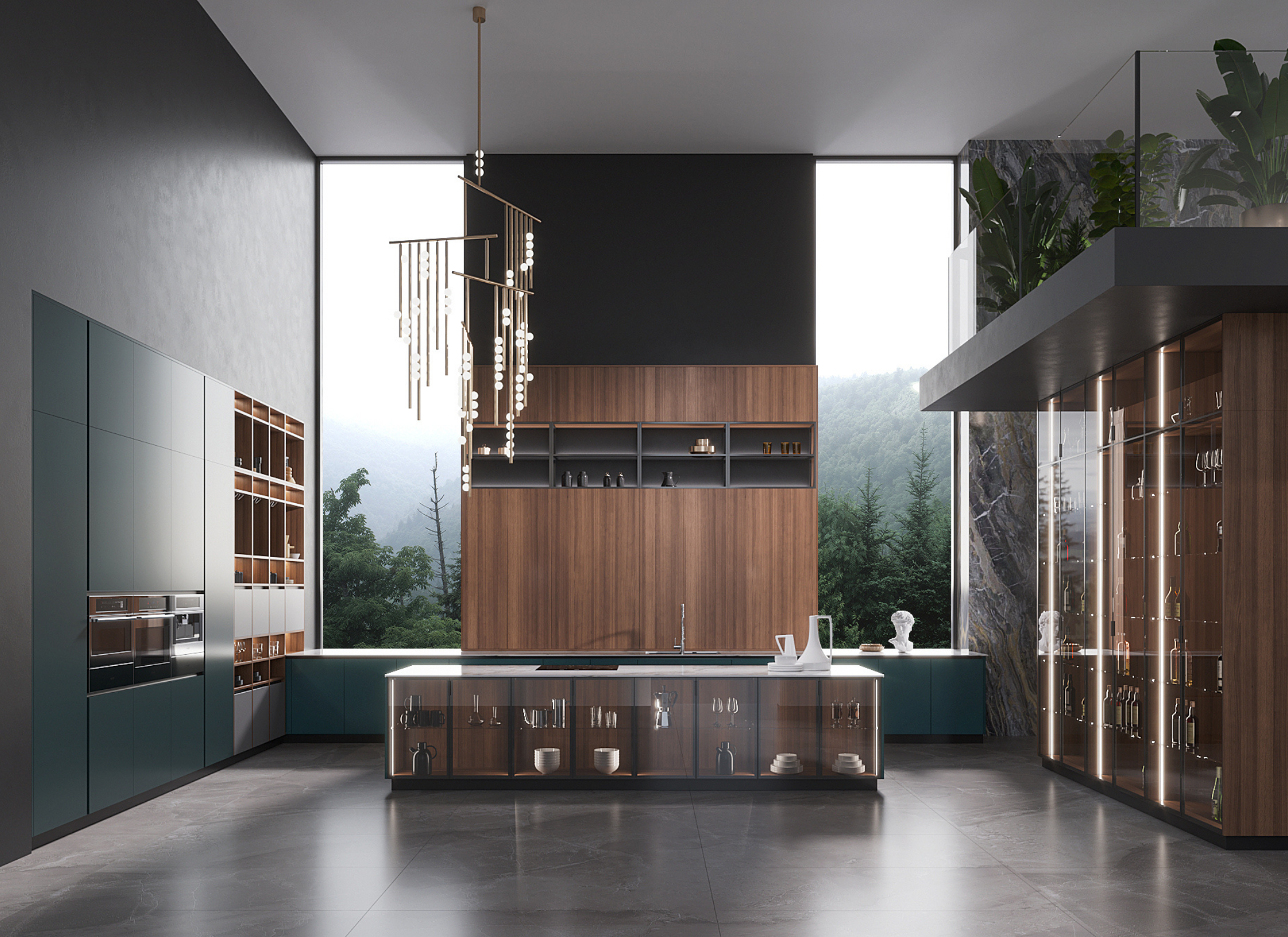 Modern kitchen with wooden cabinets, island, and large windows overlooking a forest.