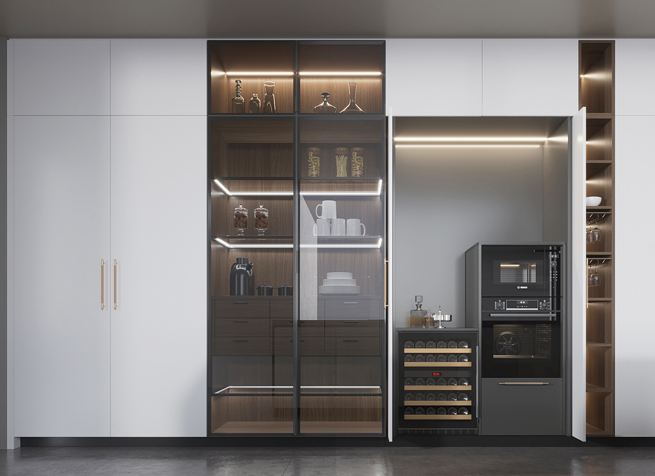 Modern kitchen with white cabinets, glass doors, and embedded appliances.