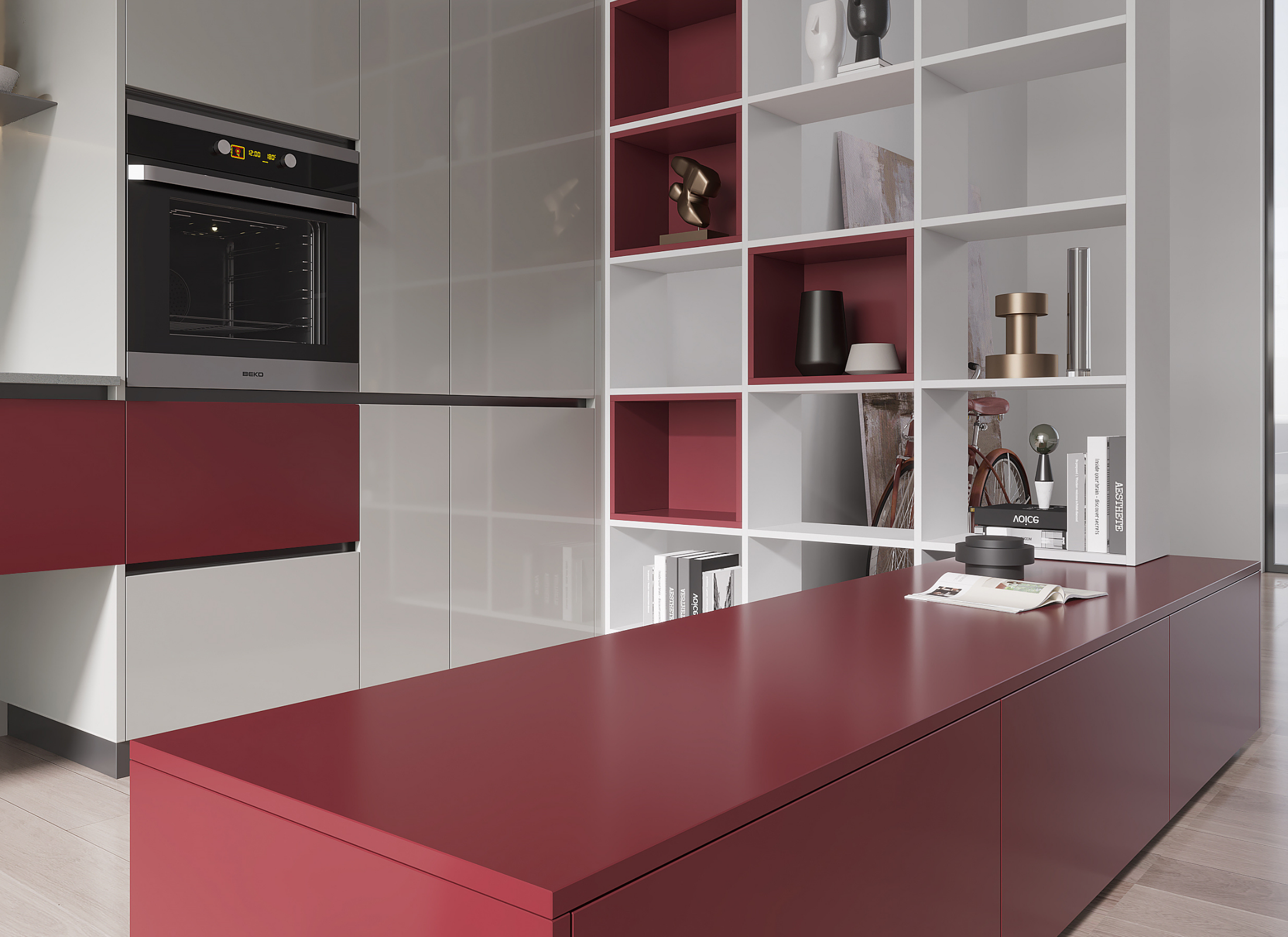 Modern kitchen with red island and white shelves