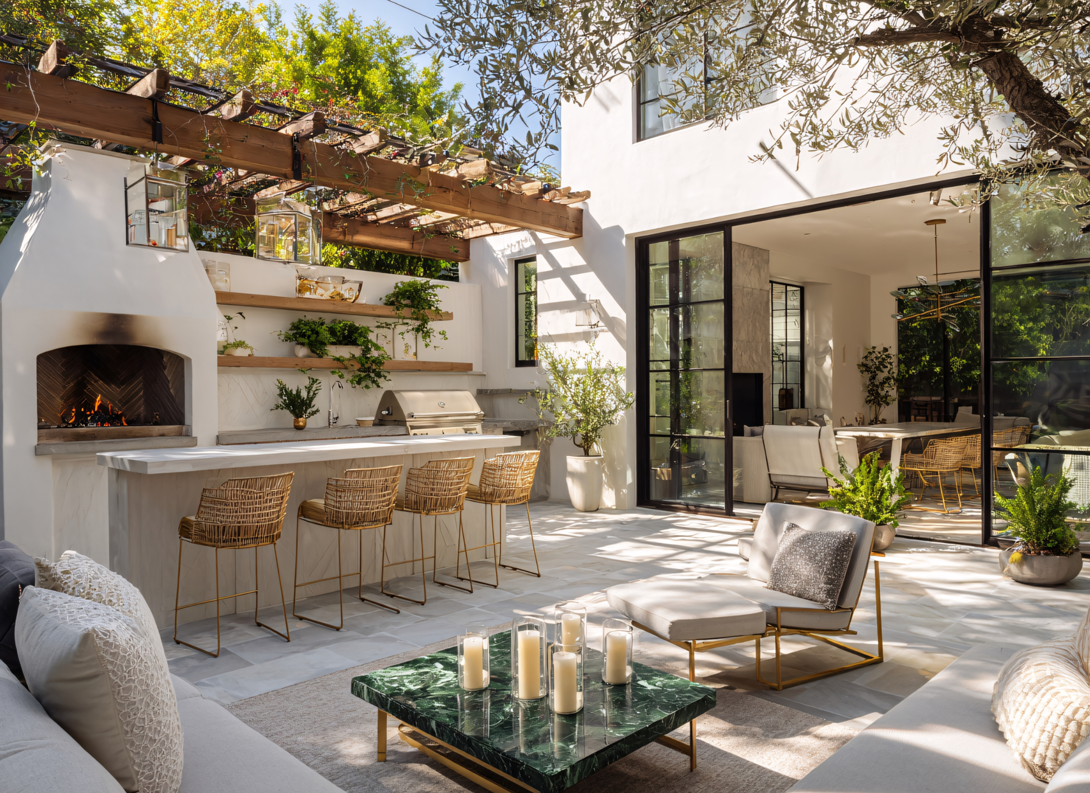 Outdoor patio area with seating, fireplace, and pergola in a modern home setting.