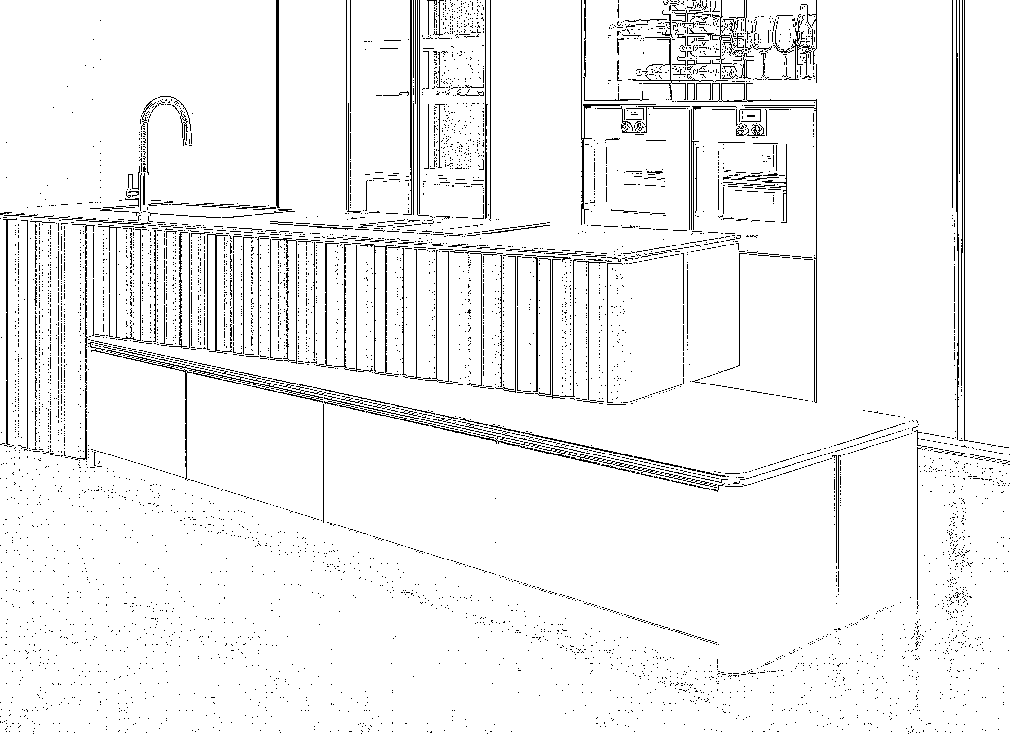 Line drawing of a modern kitchen with island, sink, and cabinets.